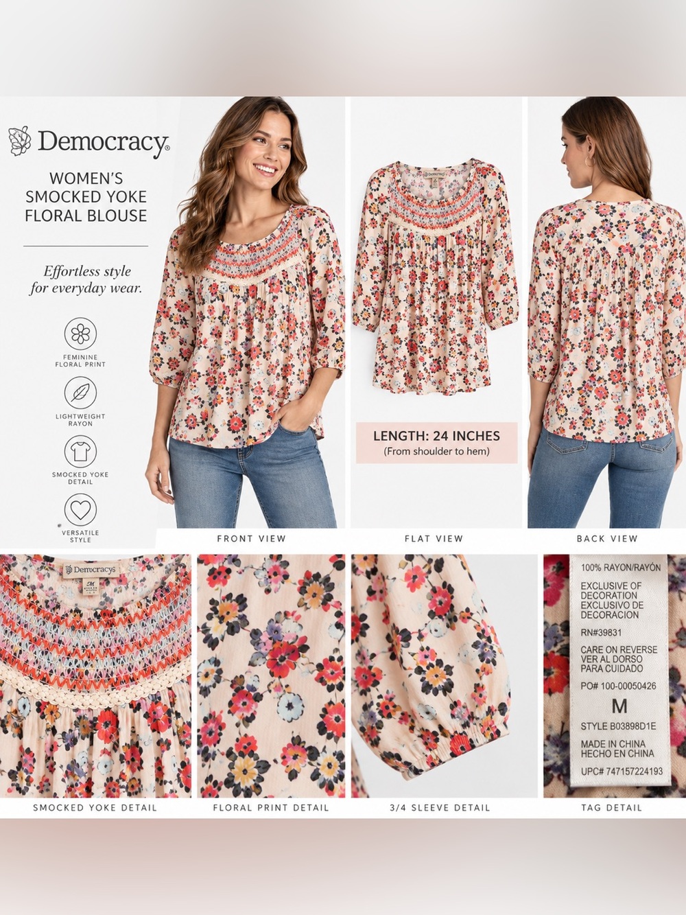 Democracy Cream Floral Smocked Yoke Blouse with Pink Accents